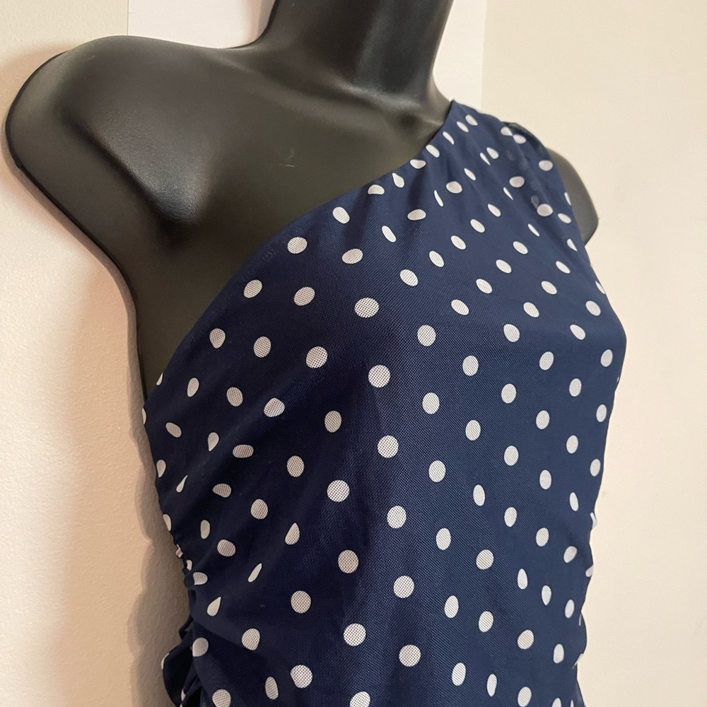 Elegant Navy Polka Dot One-Shoulder Blouse